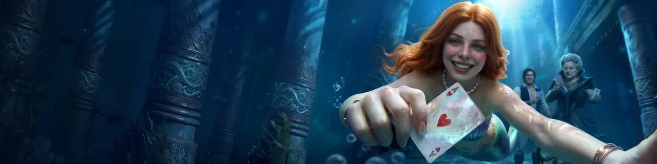 Aquaspins Casino: Meerjungfrau präsentiert eine Spielkarte unter Wasser