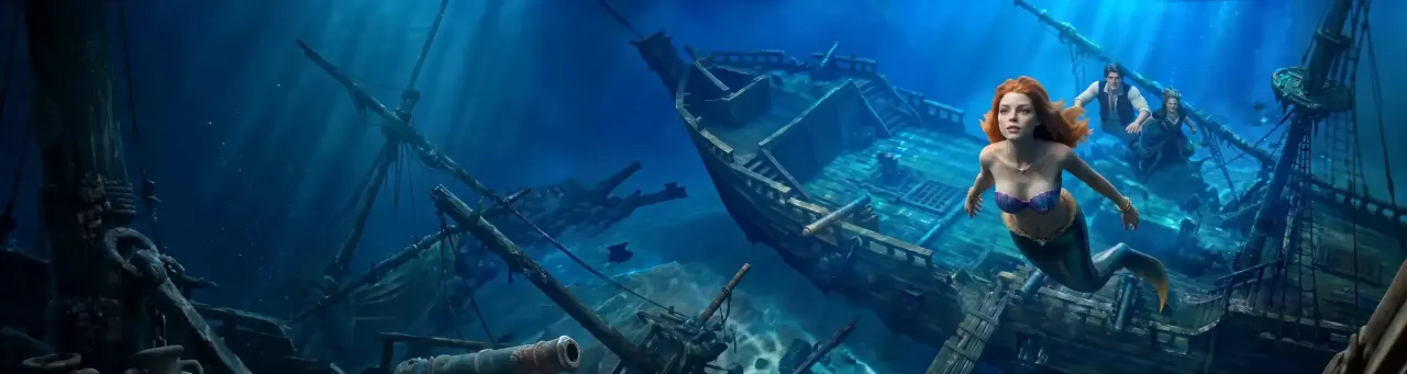 Aquaspins Casino: Meerjungfrau schwimmt zu einem Schiffswrack unter Wasser