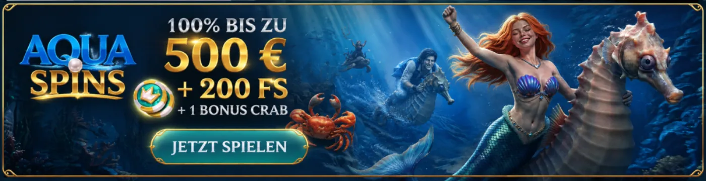 Aquaspins Bonus – 100% bis zu 500 € + 200 Freispiele + 1 Bonus Crab, jetzt spielen