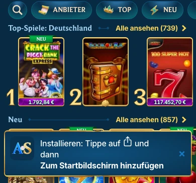 Aquaspins mobile Ansicht mit eingeblendeter PWA-Installationsanleitung