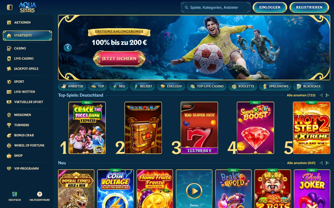Aquaspins Lobby mit Bonus-Banner im Seitenkontext