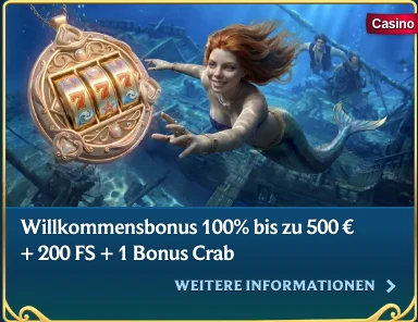 Aquaspins Willkommensbonus: 100% bis zu 500€ + 200 FS + 1 Bonus Crab