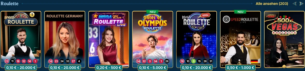 Aquaspins Roulette-Tische mit Einsatzlimits: Speed Roulette, Roulette Germany, Mega Roulette und mehr