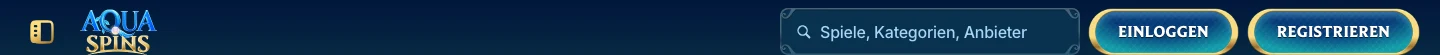 Aquaspins Kopfzeile mit Logo, Suchleiste und Login/Registrieren-Buttons