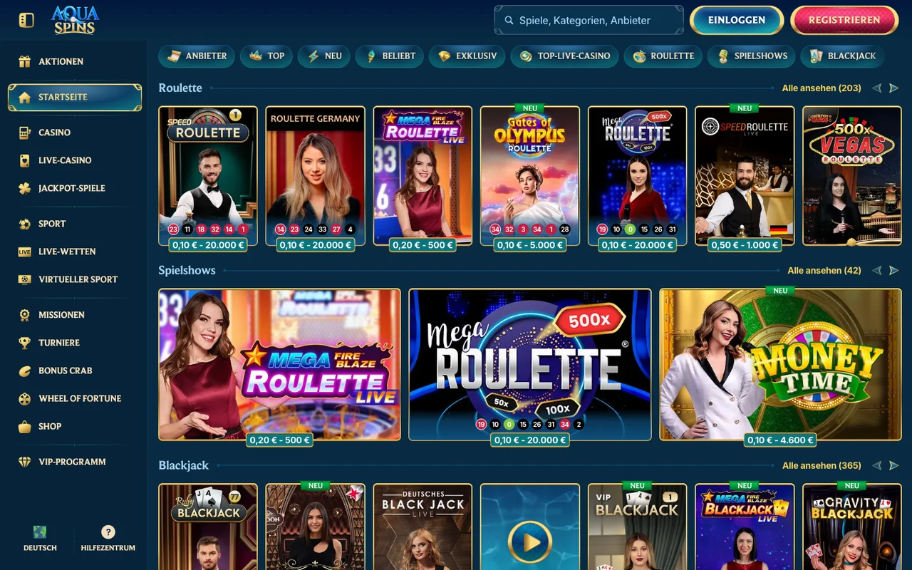 Live-Casino von Aquaspins: Roulette, Spielshows und Blackjack mit Einsatzlimits