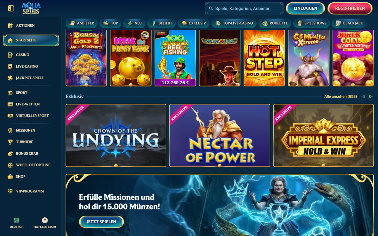 Spielekatalog von Aquaspins mit exklusiven Slots und Missionen-Banner