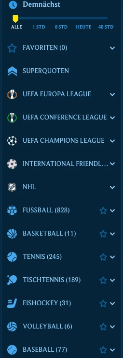 Aquaspins Sportwetten-Kategorien mit Event-Anzahl je Sportart