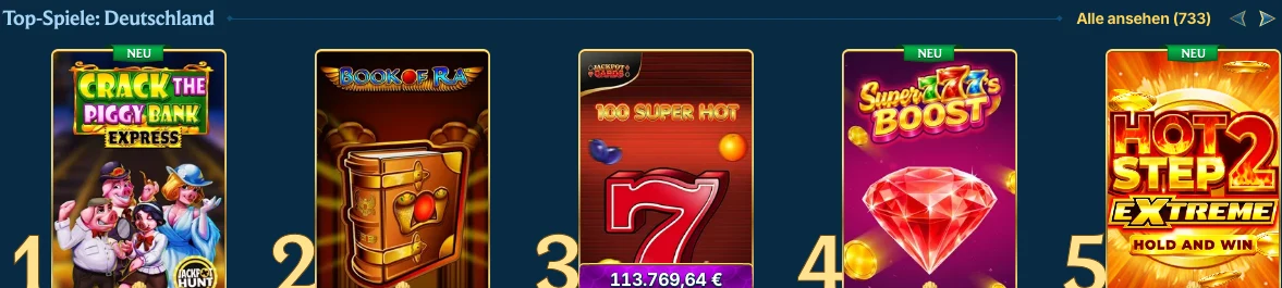 Aquaspins Top-Spiele: Deutschland – Rangliste 1 bis 5 mit Jackpot-Anzeige