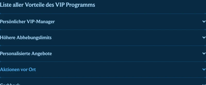 Liste aller Vorteile des Aquaspins VIP-Programms als aufklappbare Übersicht