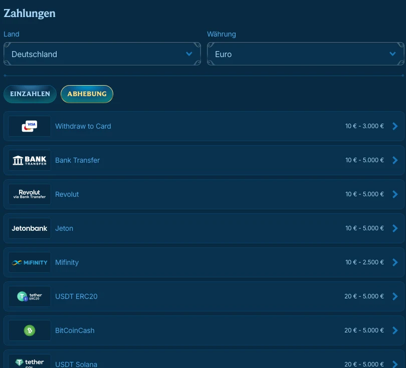 Aquaspins Auszahlungsmethoden mit Limits: Karte, Bank Transfer, Revolut, Krypto