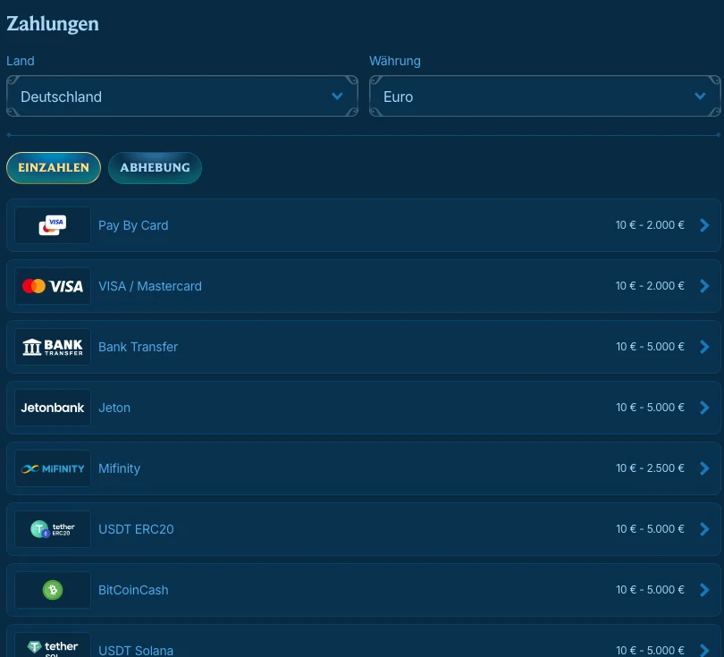 Aquaspins Einzahlungsmethoden mit Limits: Karte, Bank Transfer, Jeton, Mifinity, Krypto